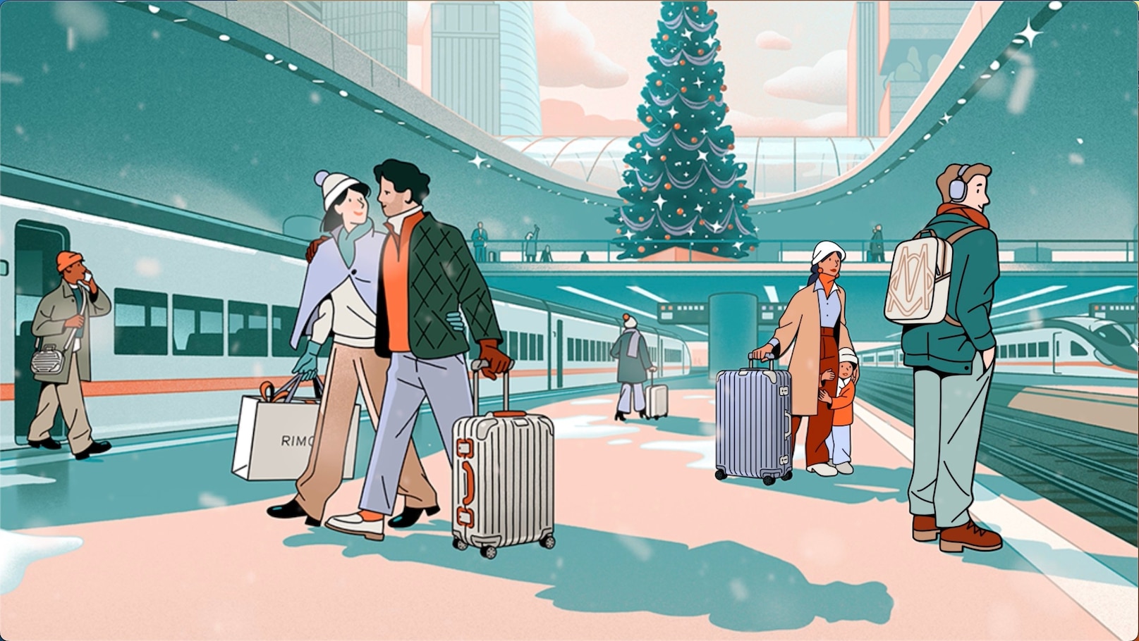 Drawing of people in a train station with RIMOWA items