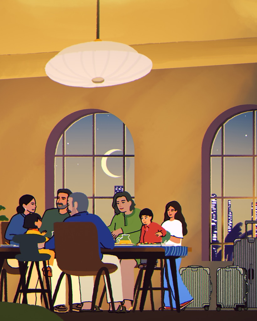 Picture of a family dinner, near RIMOWA suitcases