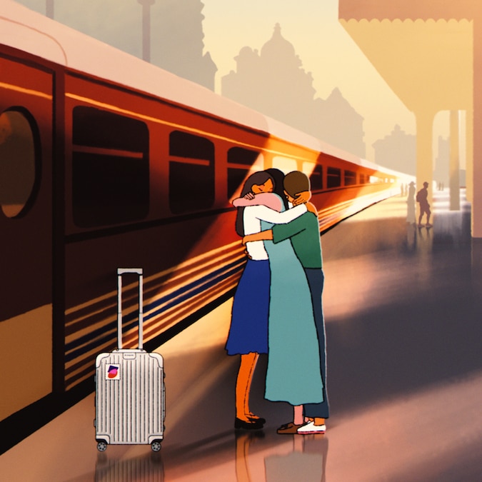 Imagen de una mujer con amigos con una maleta Original Cabin de RIMOWA