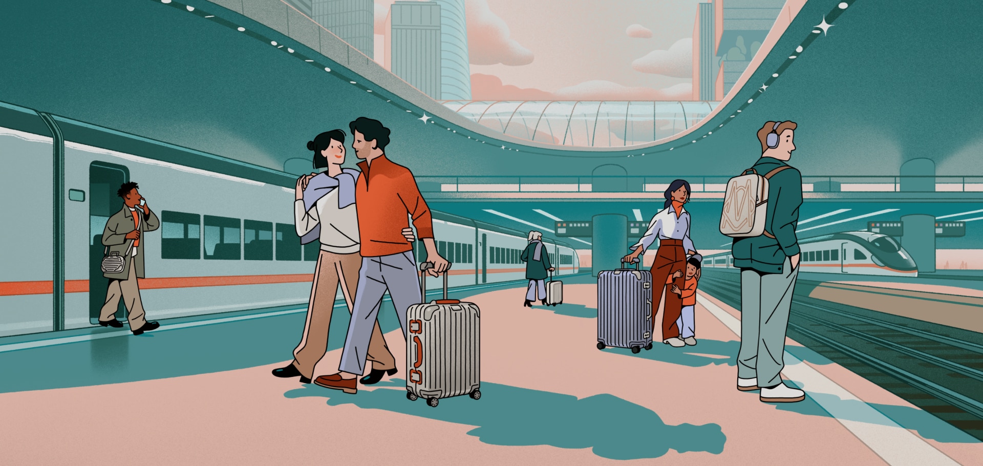 Drawing of people in a train station with RIMOWA items