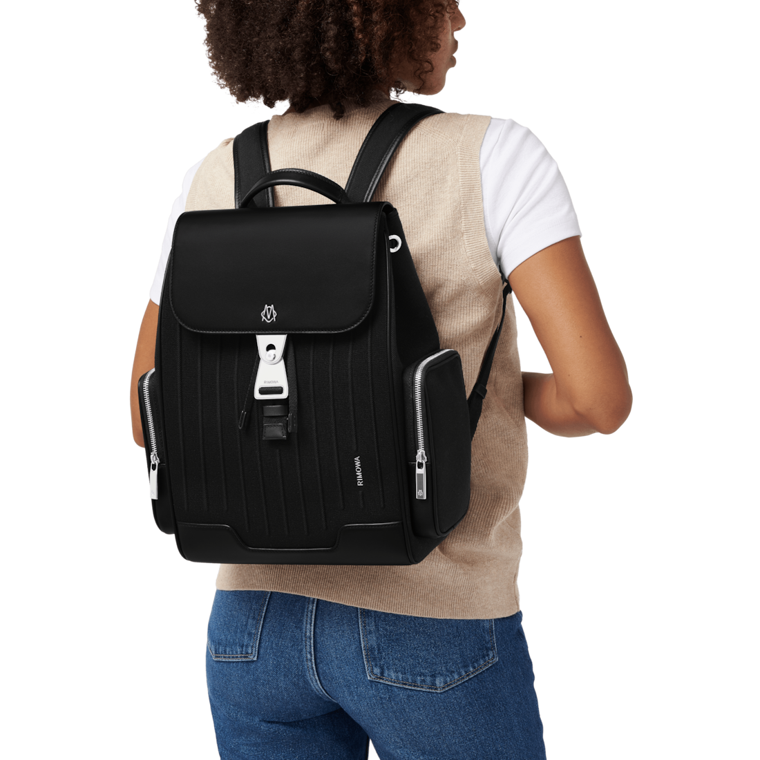 Never Still Small Flap Backpack in Leather & Canvas - Black | RIMOWA